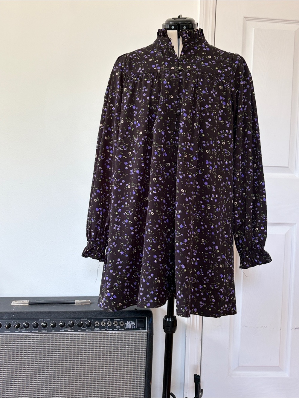 Black Floral Long Sleeve Babydoll Top - Purple Accent